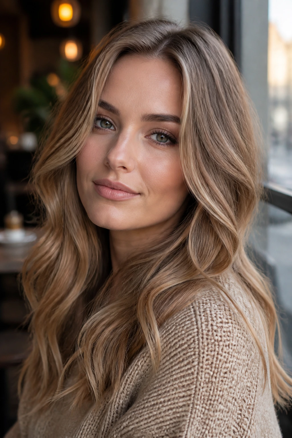 Close-up portrait of a real person with smoked honey-caramel hair on neutral-cool skin.