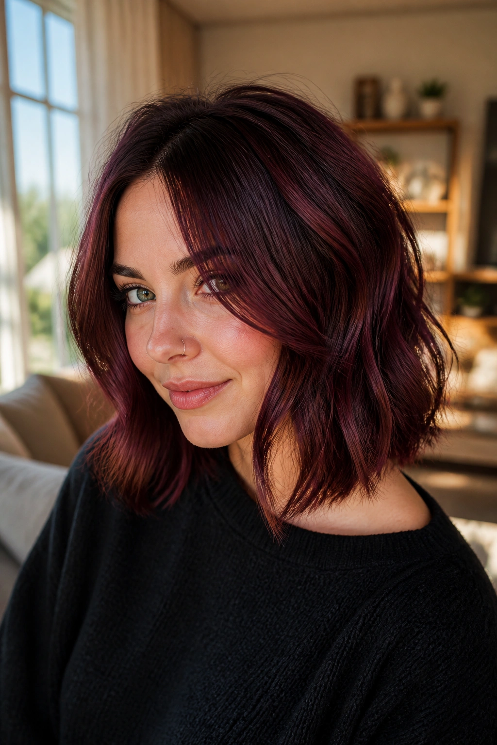 Close-up of a real woman with smoked merlot lob hair under warm daylight