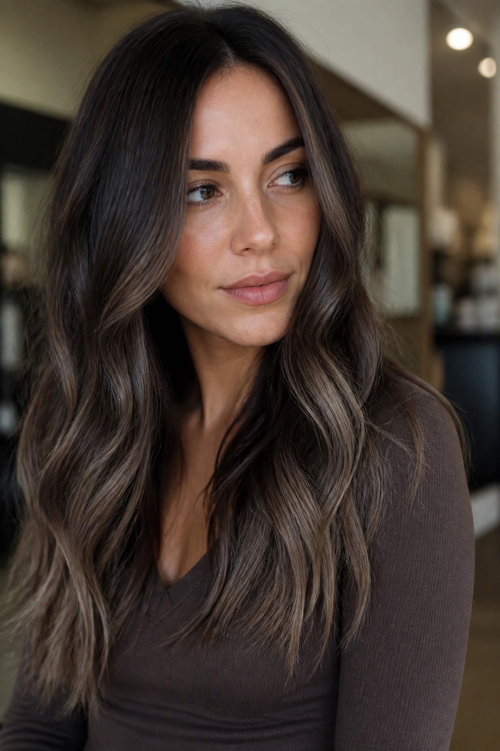 Close-up portrait of a real woman with smoked mocha balayage and soft ends.