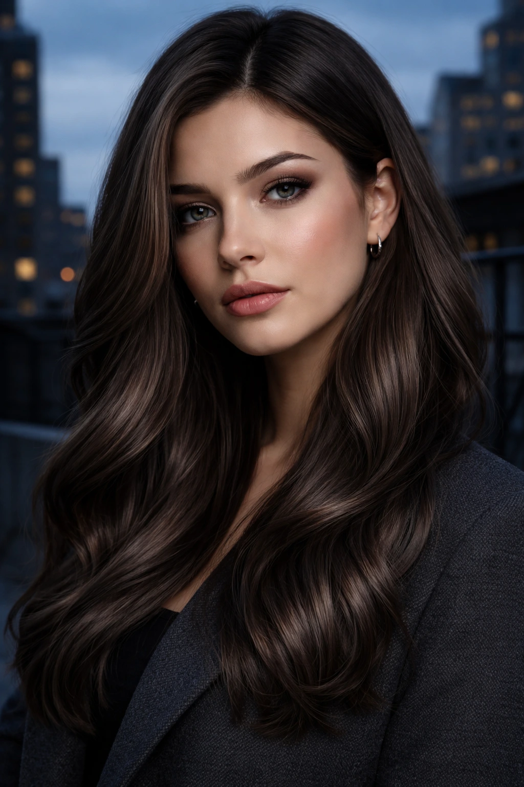 Close-up portrait of a person with Smoked Mocha grey-toned hair in urban dusk lighting