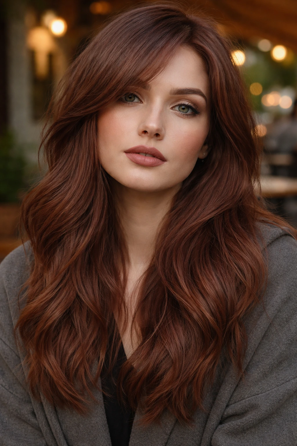 Close-up portrait of a real person with Smoked Paprika hair in an earthy outdoor setting.