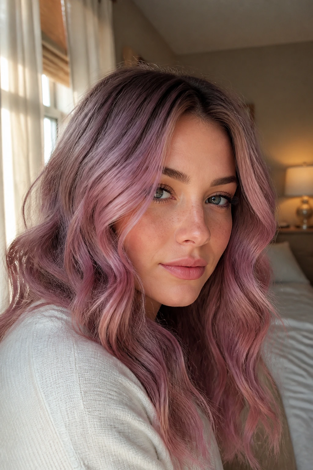 Close-up of smoked pink hair on a real person with ash-toned pink shades