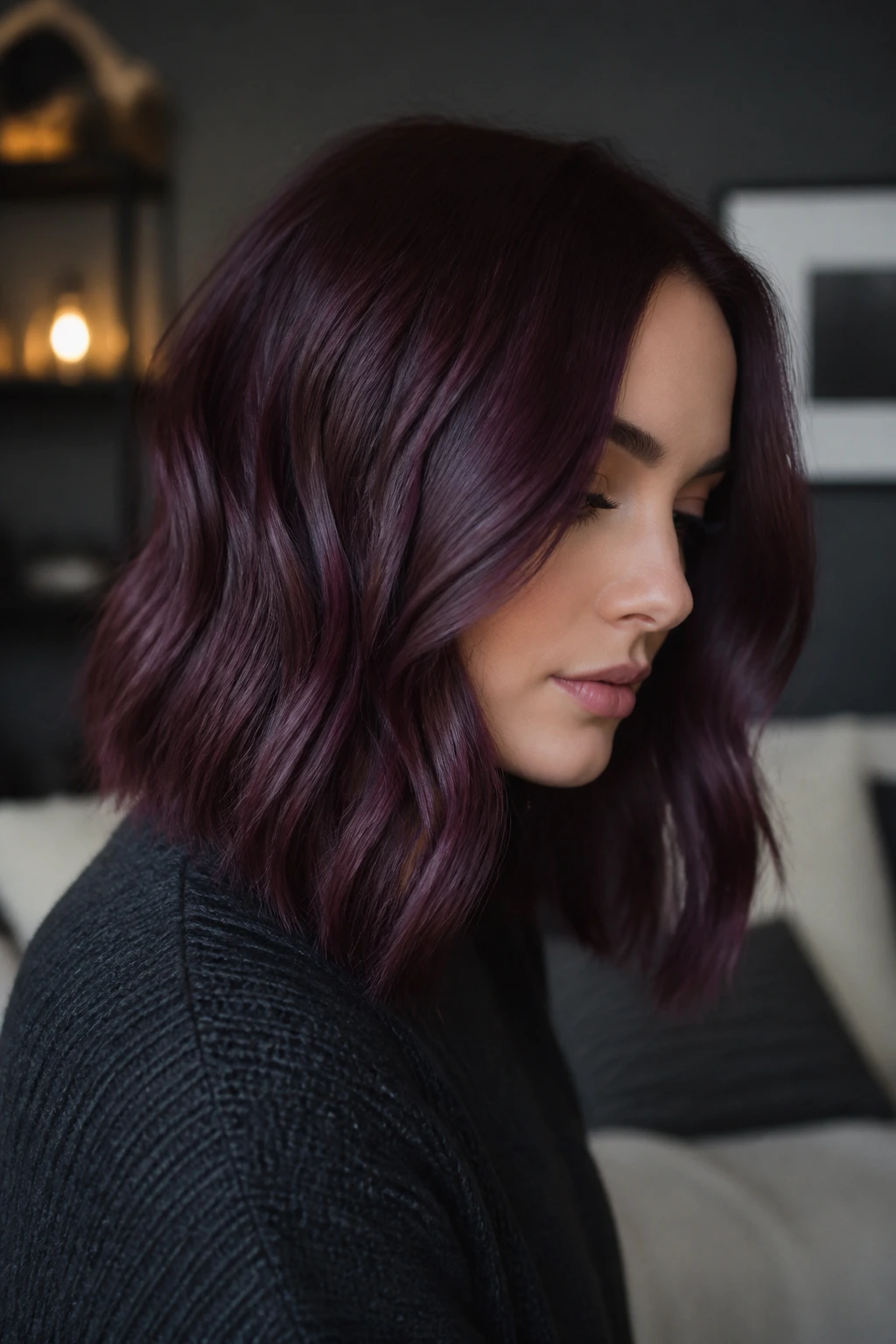 Close-up of real person with smoked plum lob hair