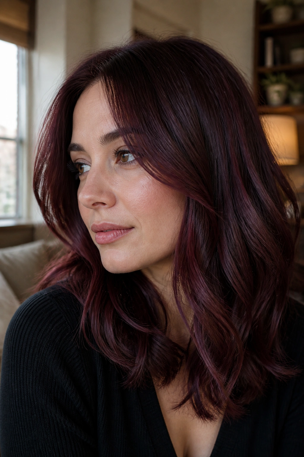 Close-up of real woman with smoked raspberry brown hair in natural window light