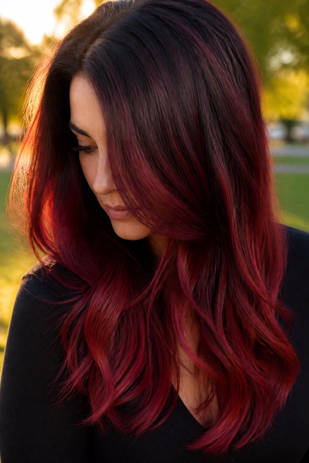 Real woman with long layered hair in smoked red ombre, close-up portrait in natural light
