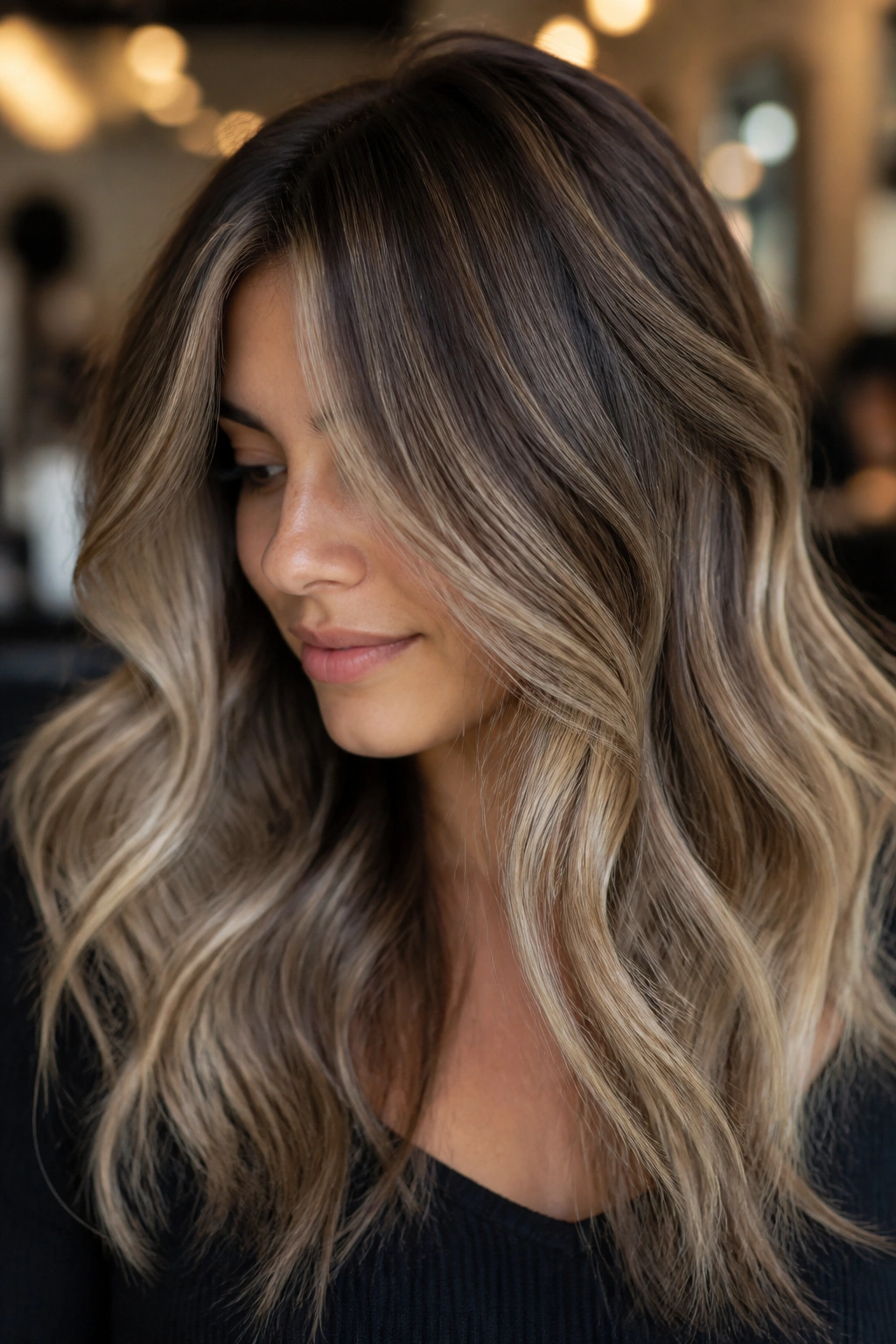 Close-up portrait of a real woman with smoked-out reverse balayage on brown hair