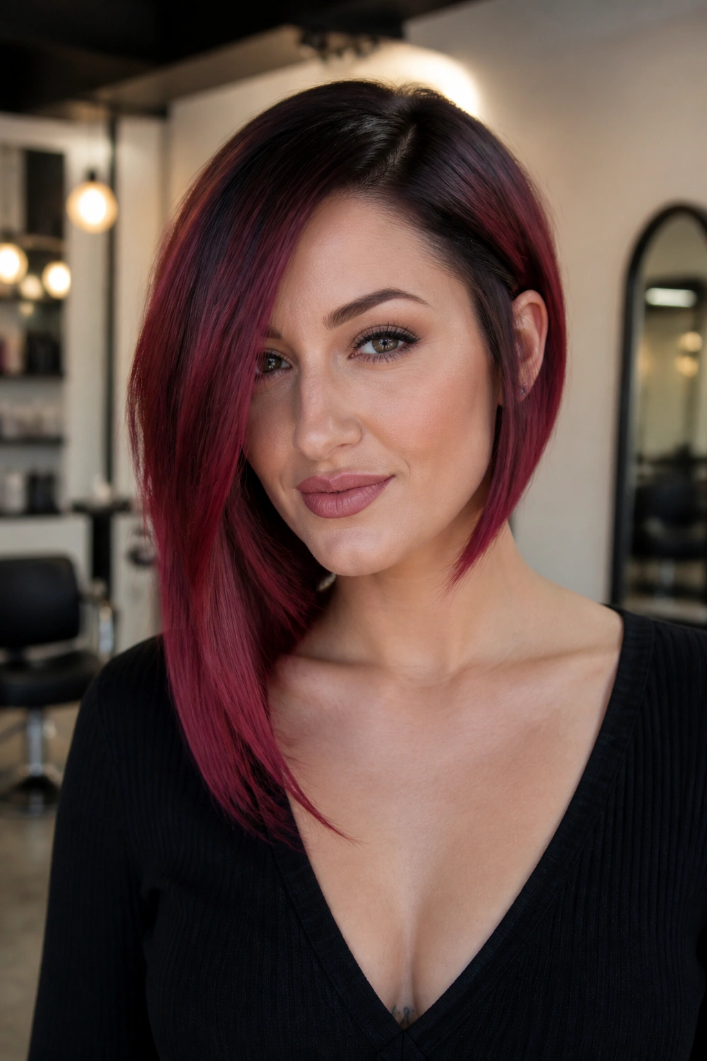 Close-up of smoked ruby asymmetrical cut on a real person