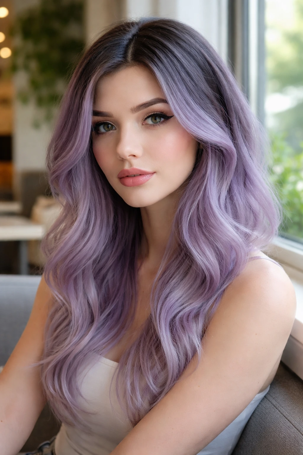 Close-up of a real person with smoked violet hair in natural light.