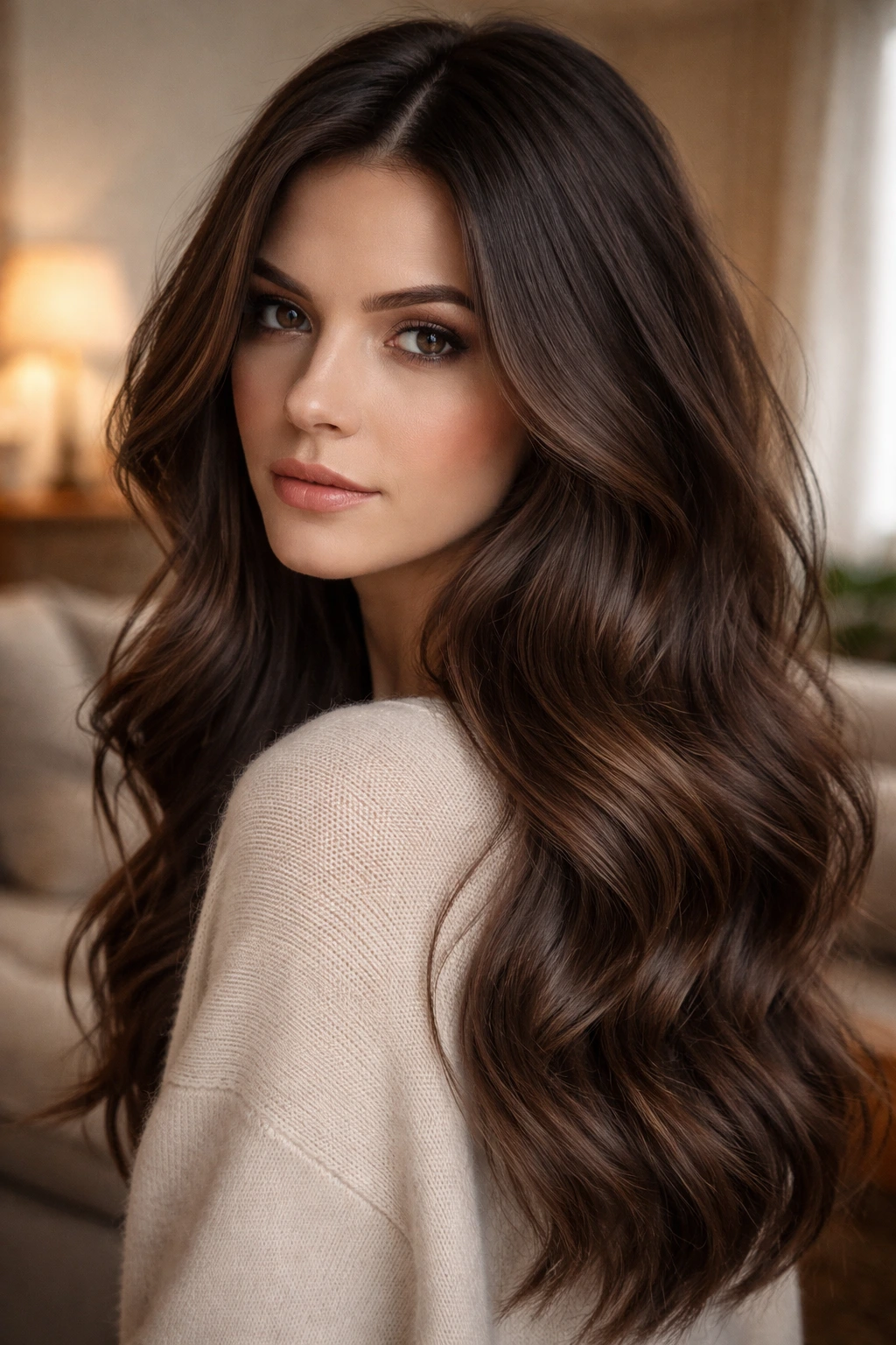 Real person with smokey chocolate hair in a cozy, warm-lit room