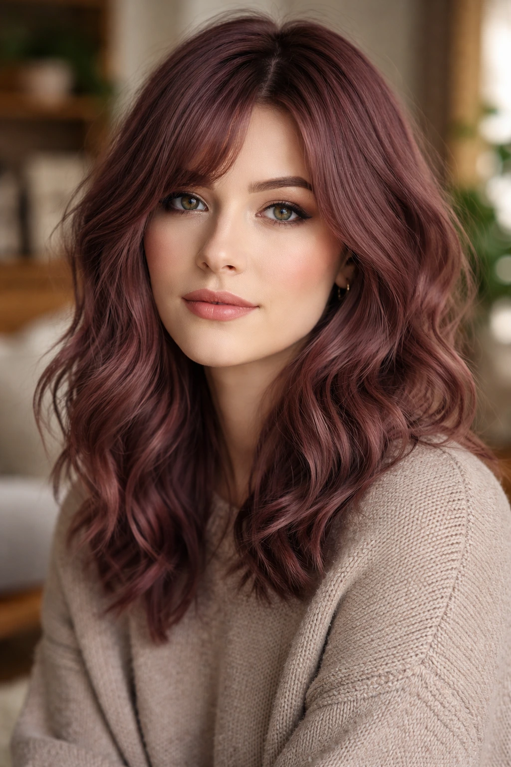Close-up portrait of a woman with smoky mauve red hair in a cozy living room