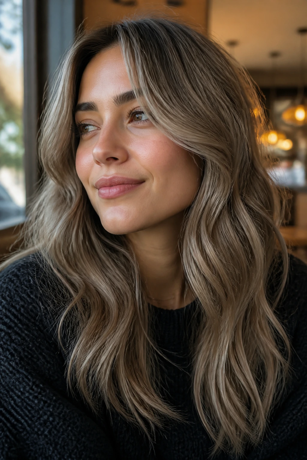 Close-up portrait of Smokey Mushroom Blonde with earthy cool taupe tones