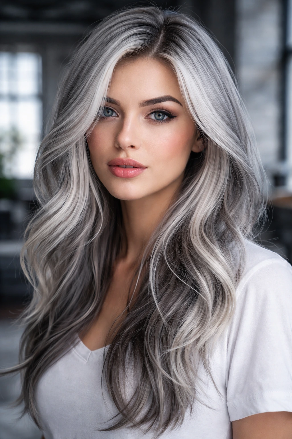 Close-up portrait of a person with smoky silver white hair in an urban setting.