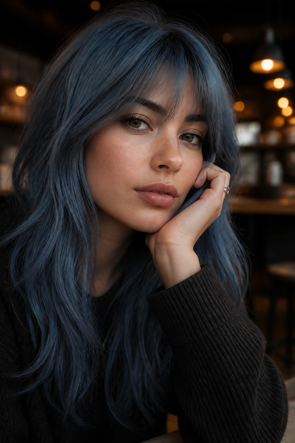 Portrait of a woman with smokey slate hair in a moody cafe setting.