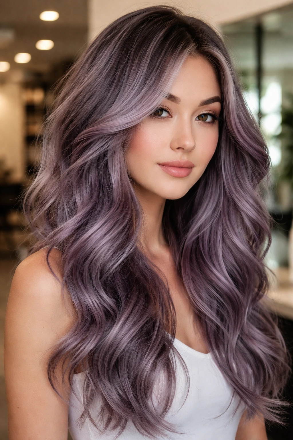 Close-up of a real person with smoky violet balayage on grey hair.