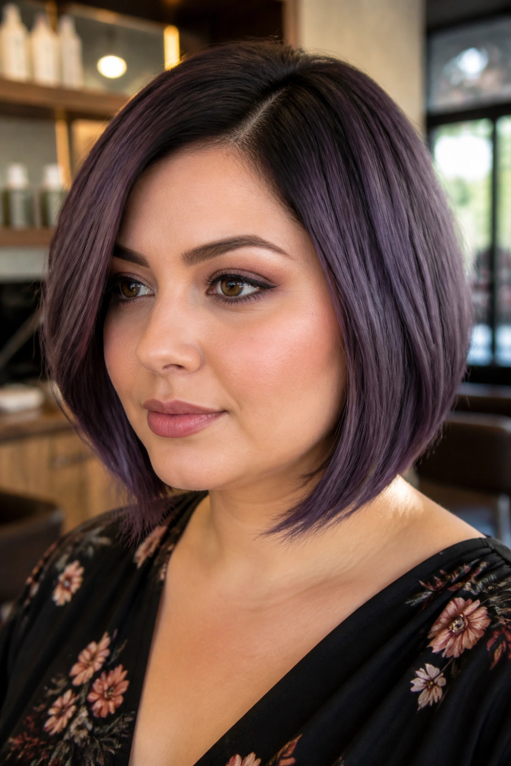 Close-up of woman with smoky amethyst bob framing the face