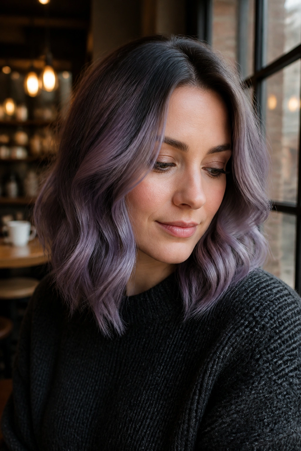 Portrait of a woman with smoky amethyst hair in a cozy cafe setting.