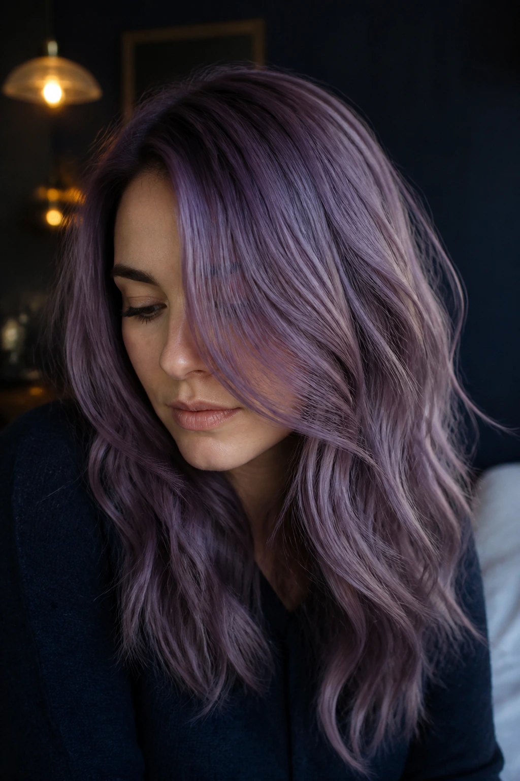 Close-up portrait of a real person with smoky amethyst hair in moody light.