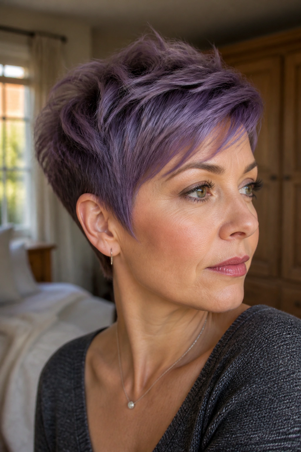 Close-up of a real woman with smoky amethyst pixie crown.