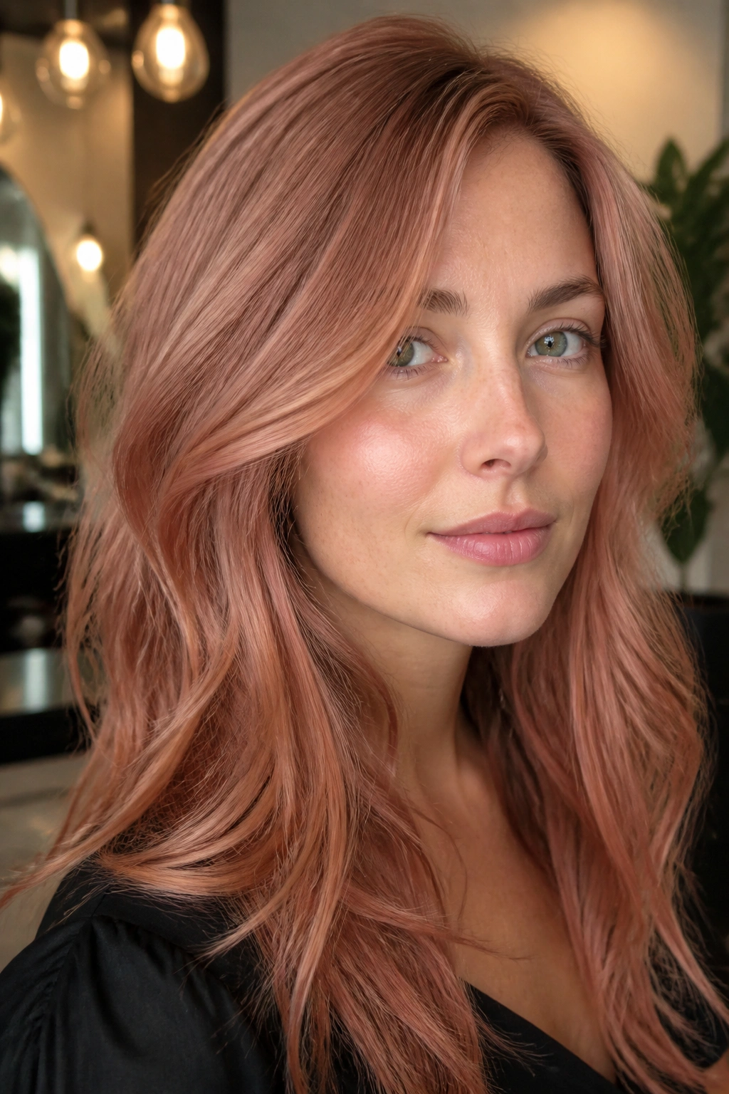 Close-up portrait of a real woman with smoky apricot copper hair in soft indoor light