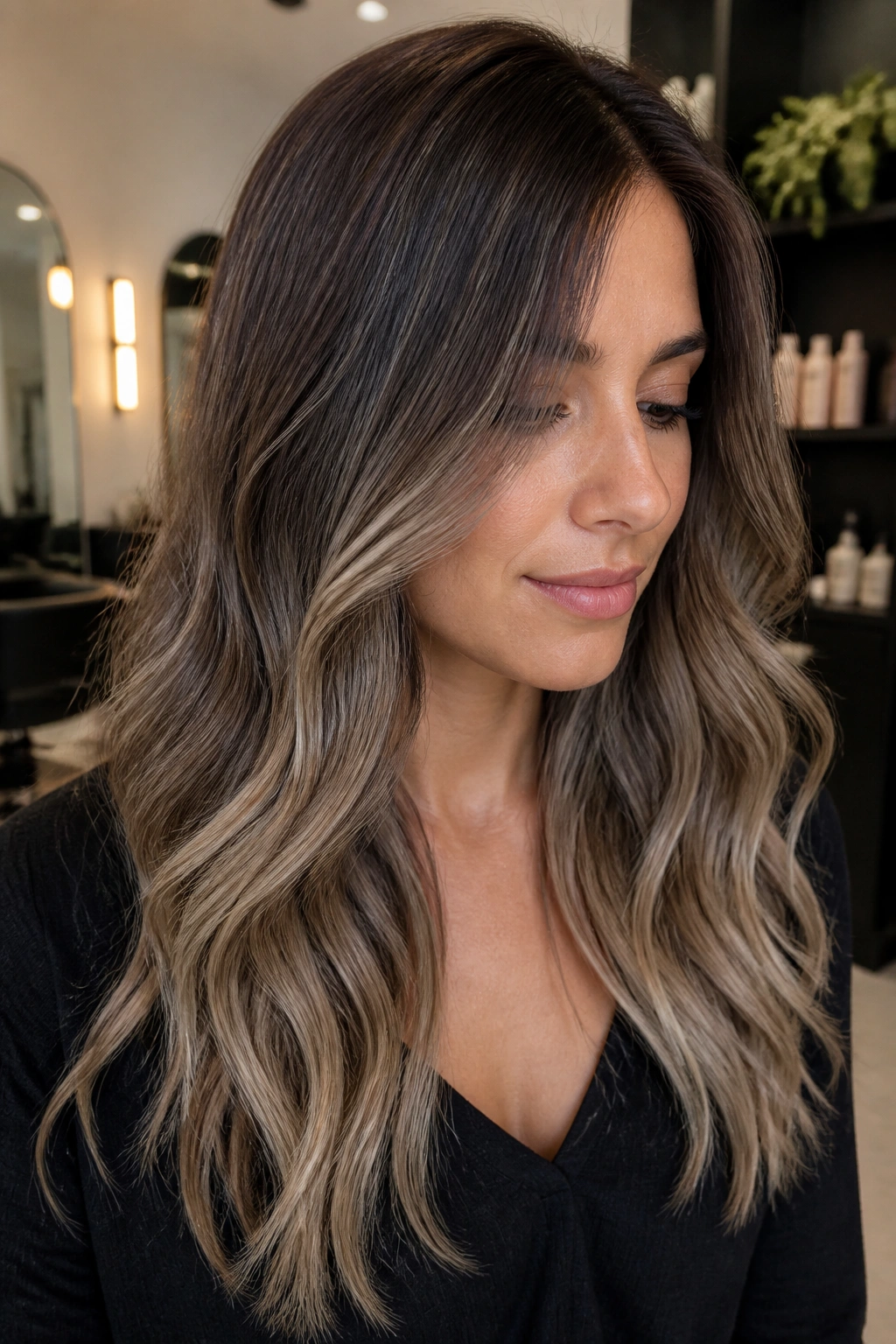Close-up of smoky ash balayage on brown hair with diffused roots and lighter ends.