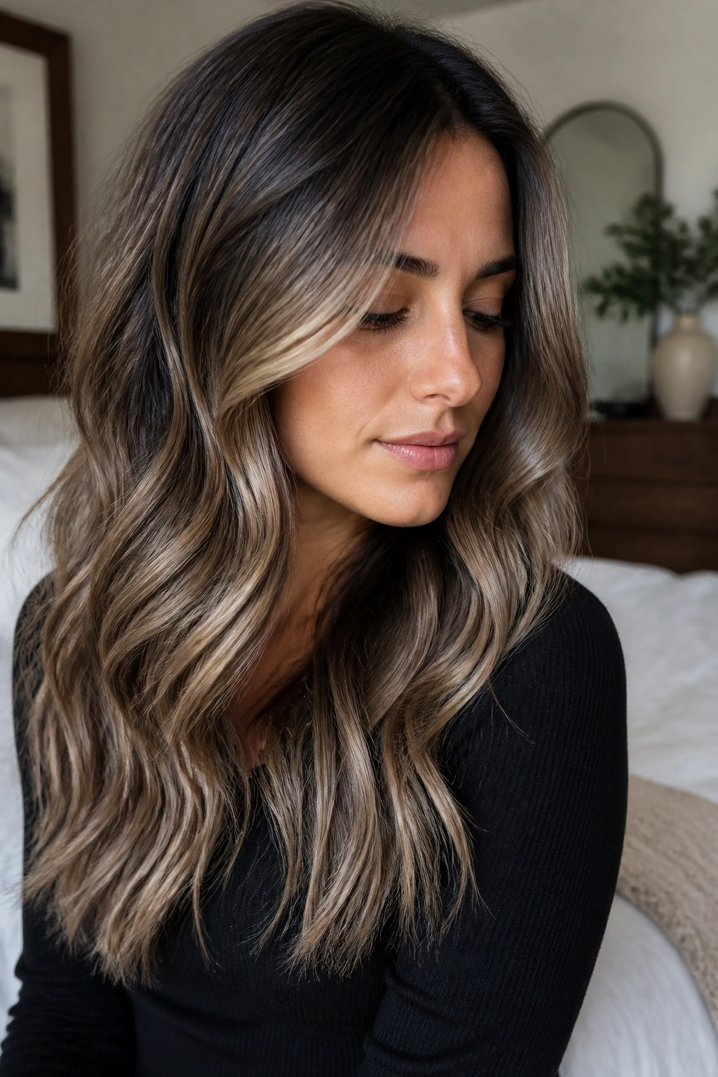 Close-up of real person with smoky ash-blonde ribbons in brown hair, hair as the focal point