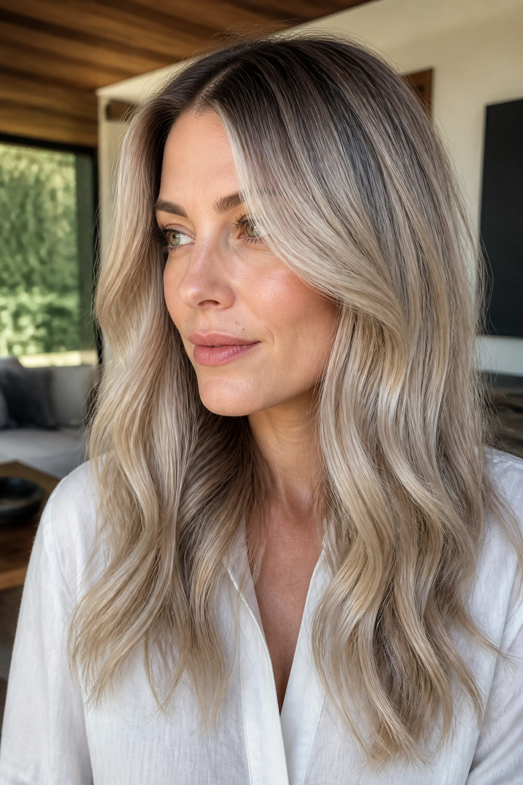 Close up portrait of a real woman with smoky rooted ash blonde hair
