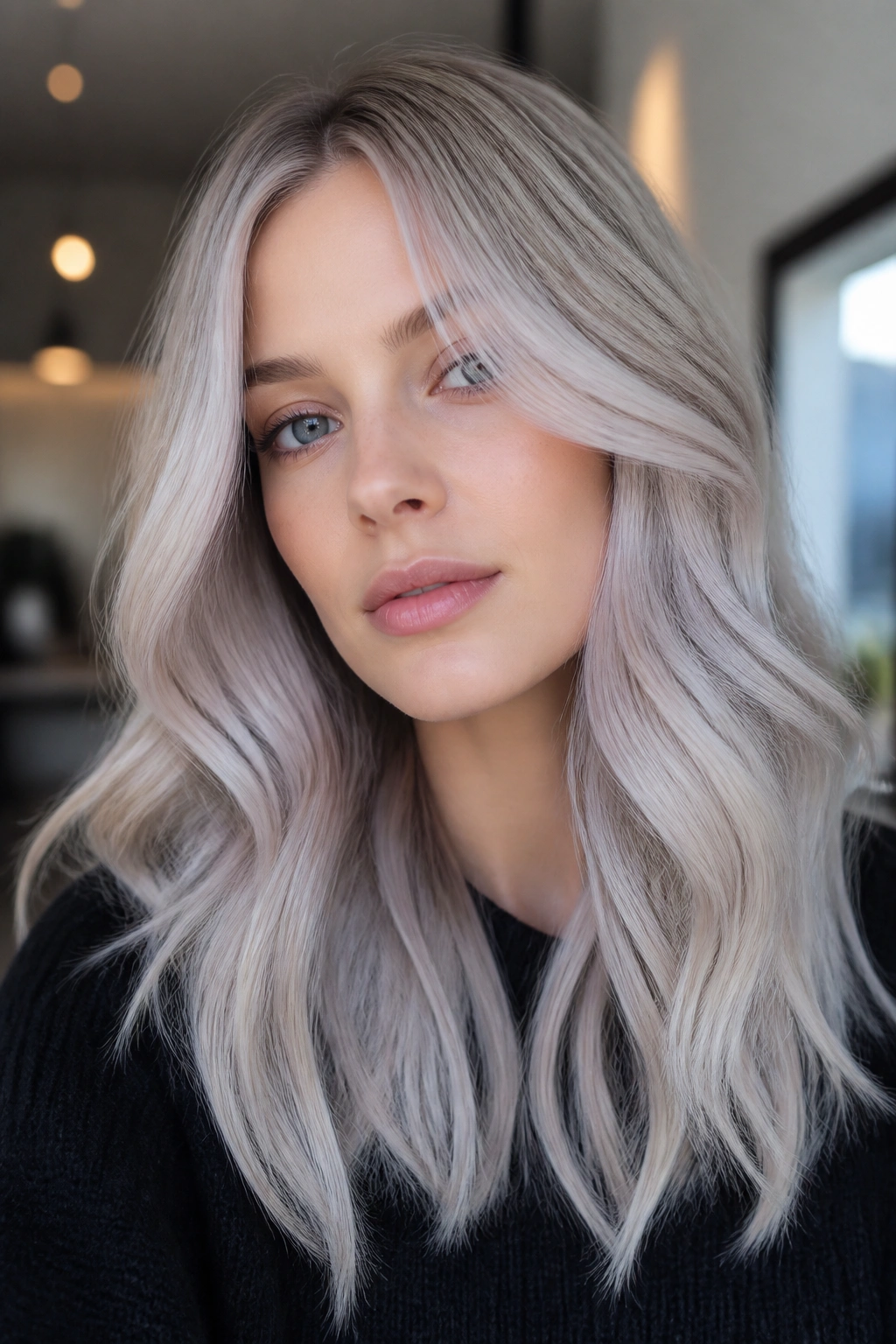 Close-up portrait of a woman with smoky ice ash blonde hair in cool window light