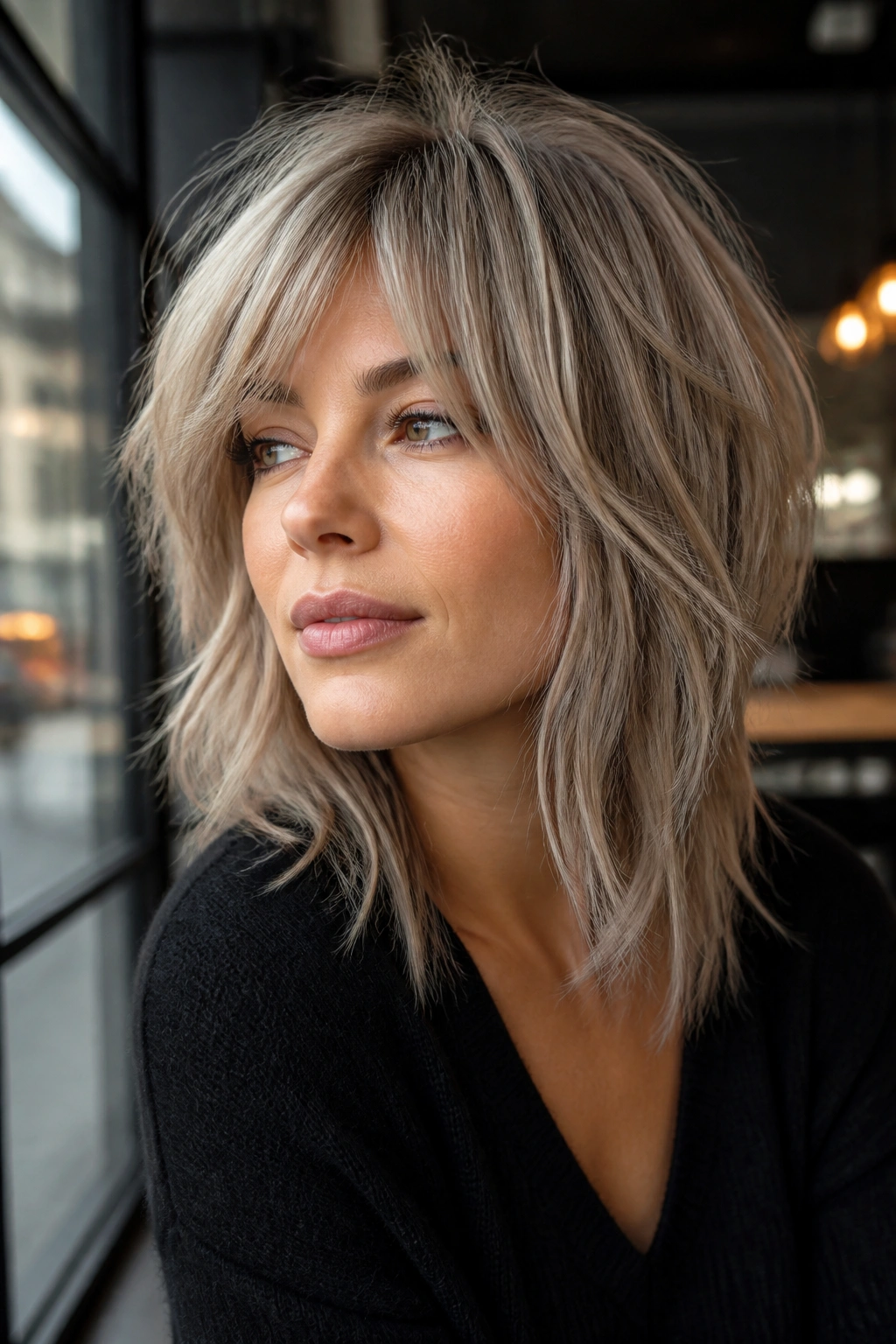 Close-up of a real woman with smoky ash blonde shag hairstyle