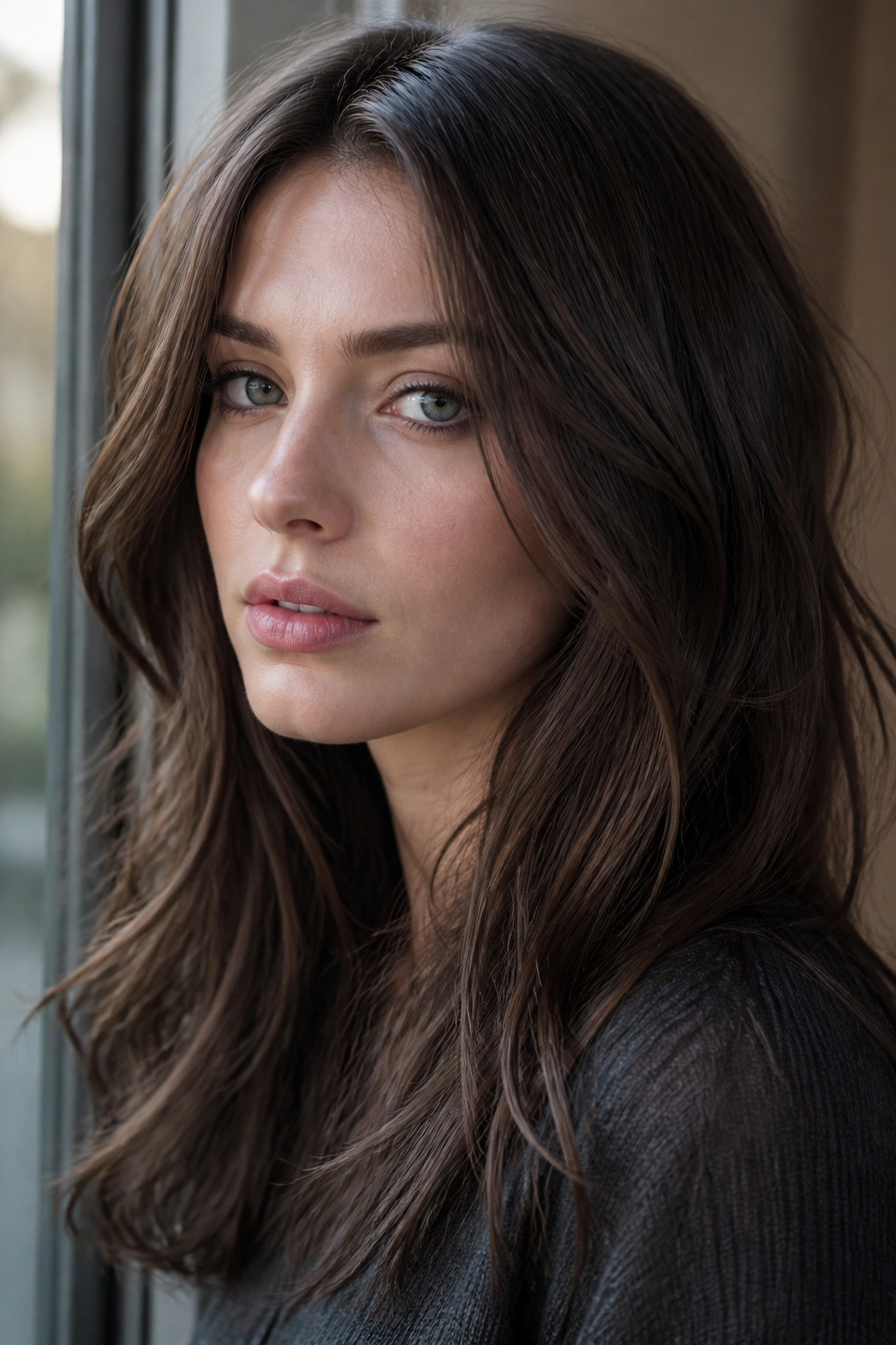 Close-up portrait of smoky ash chocolate hair on cool skin