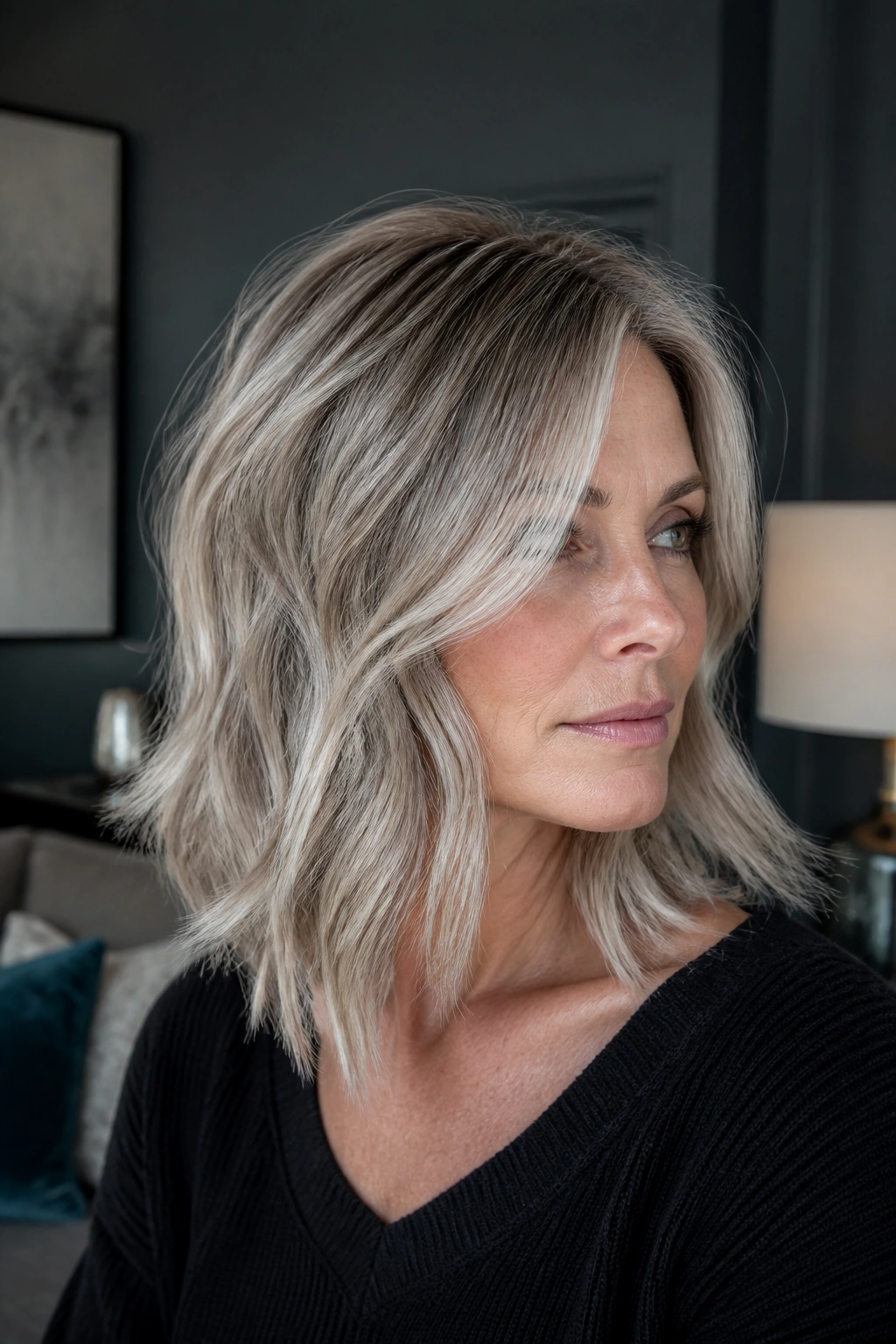 Medium-close portrait of a real woman with smoky ash silver blonde layered lob and cool lighting.