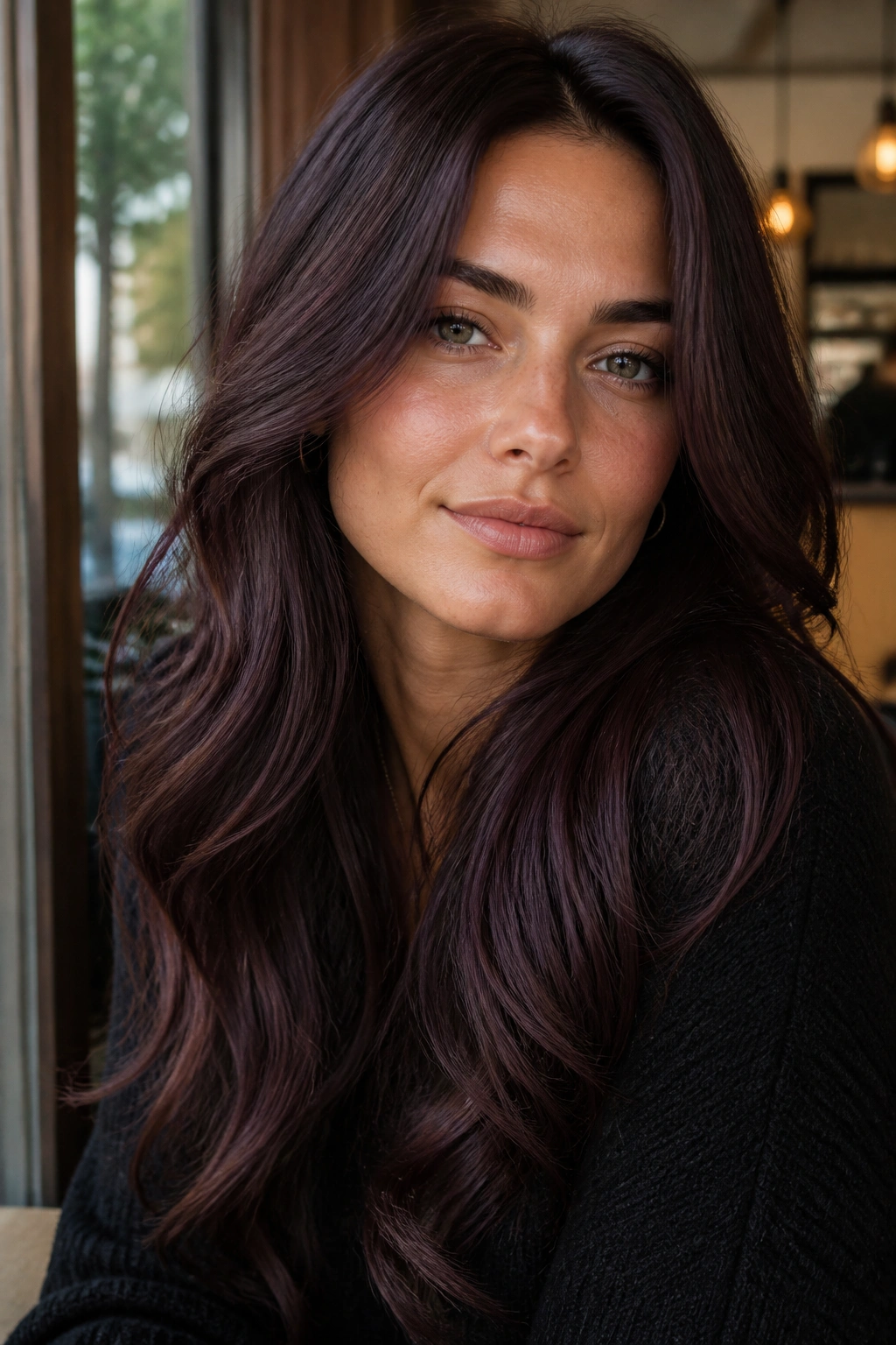 Close-up portrait of a real woman with smoky aubergine brown hair in soft waves under natural daylight