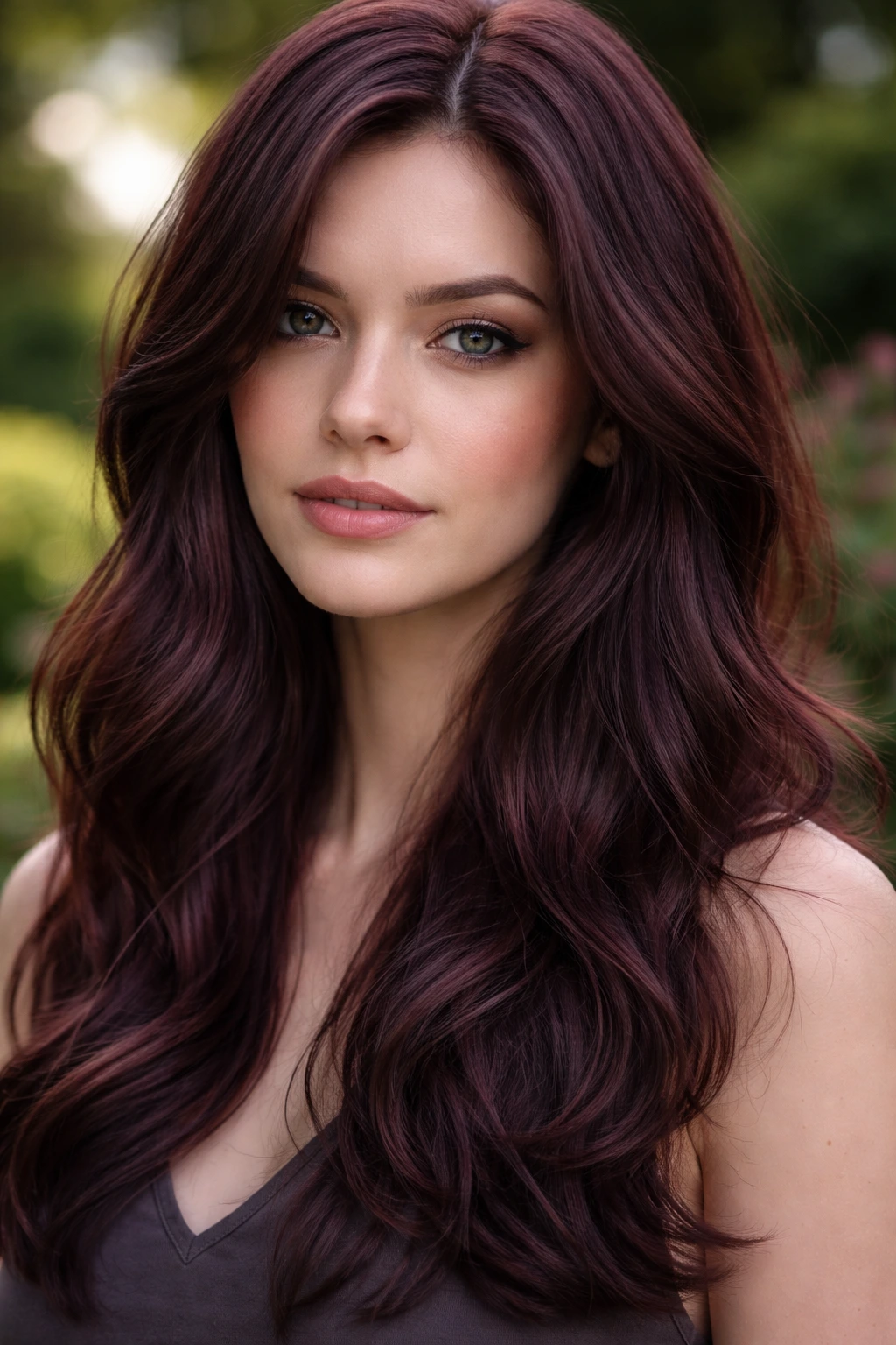 Close-up portrait of a real woman with smoky aubergine red hair color