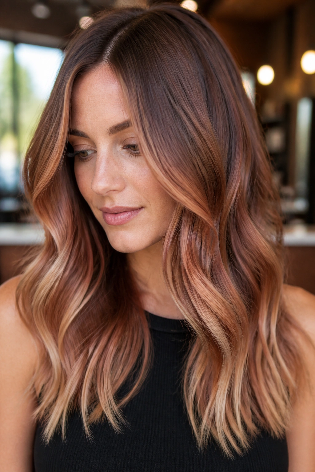 Close-up of real woman with smoky auburn balayage and beige-blonde ends