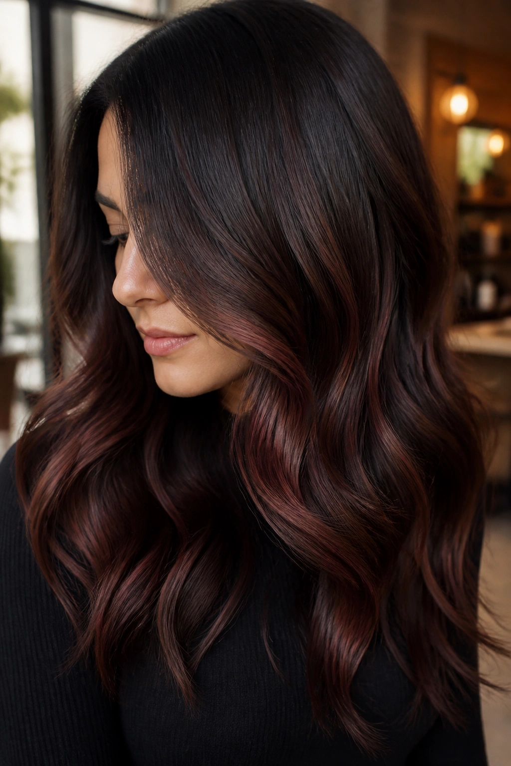 Close-up of espresso hair with smoky auburn balayage on a real person