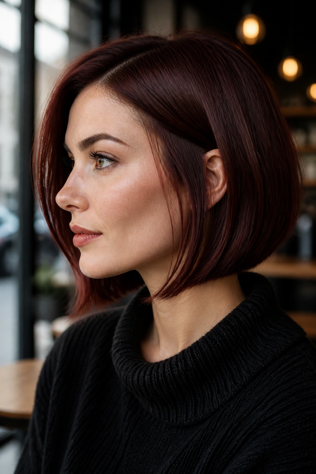 Close-up side-profile of smoky auburn bob showing sharp color near jaw.