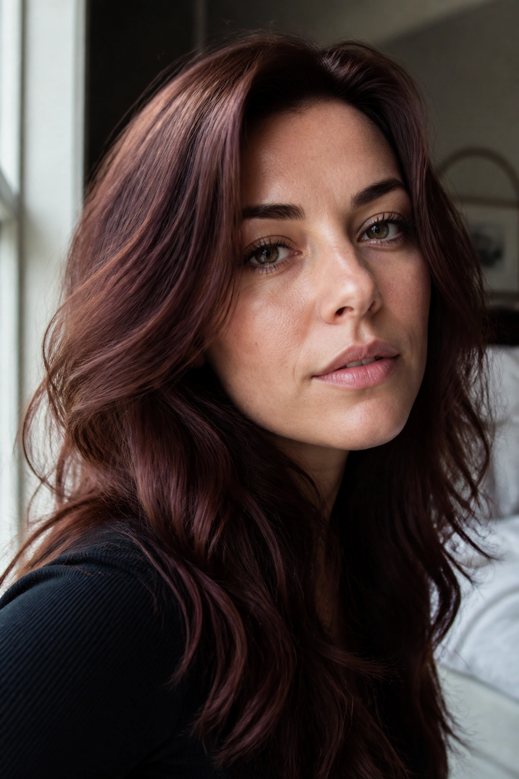 Close-up of a real woman with smoky auburn brown hair under soft light