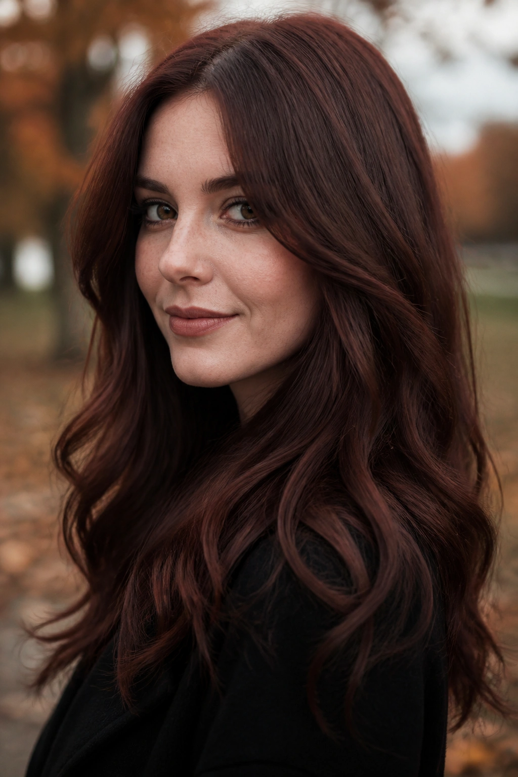 Portrait of a woman with smoky auburn-brown hair outdoors