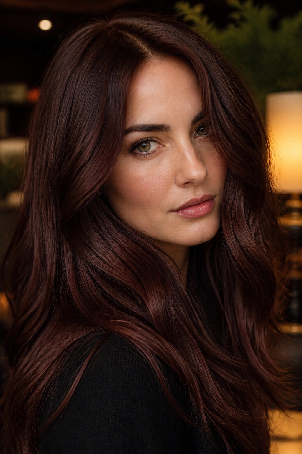 Close-up portrait of a woman with smoky auburn brown hair