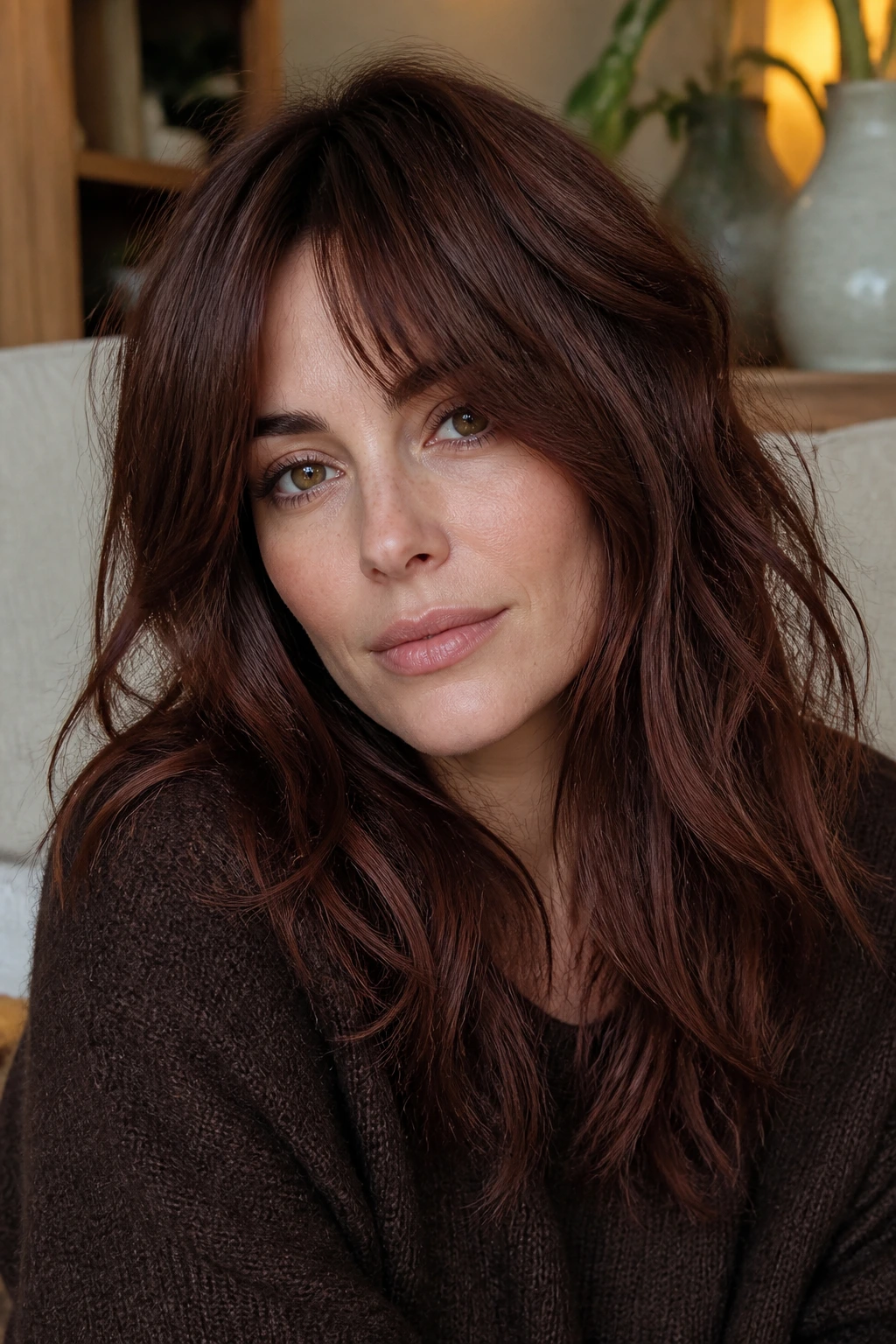 Close-up of a real woman with smoky auburn brunette hair in layered cut.