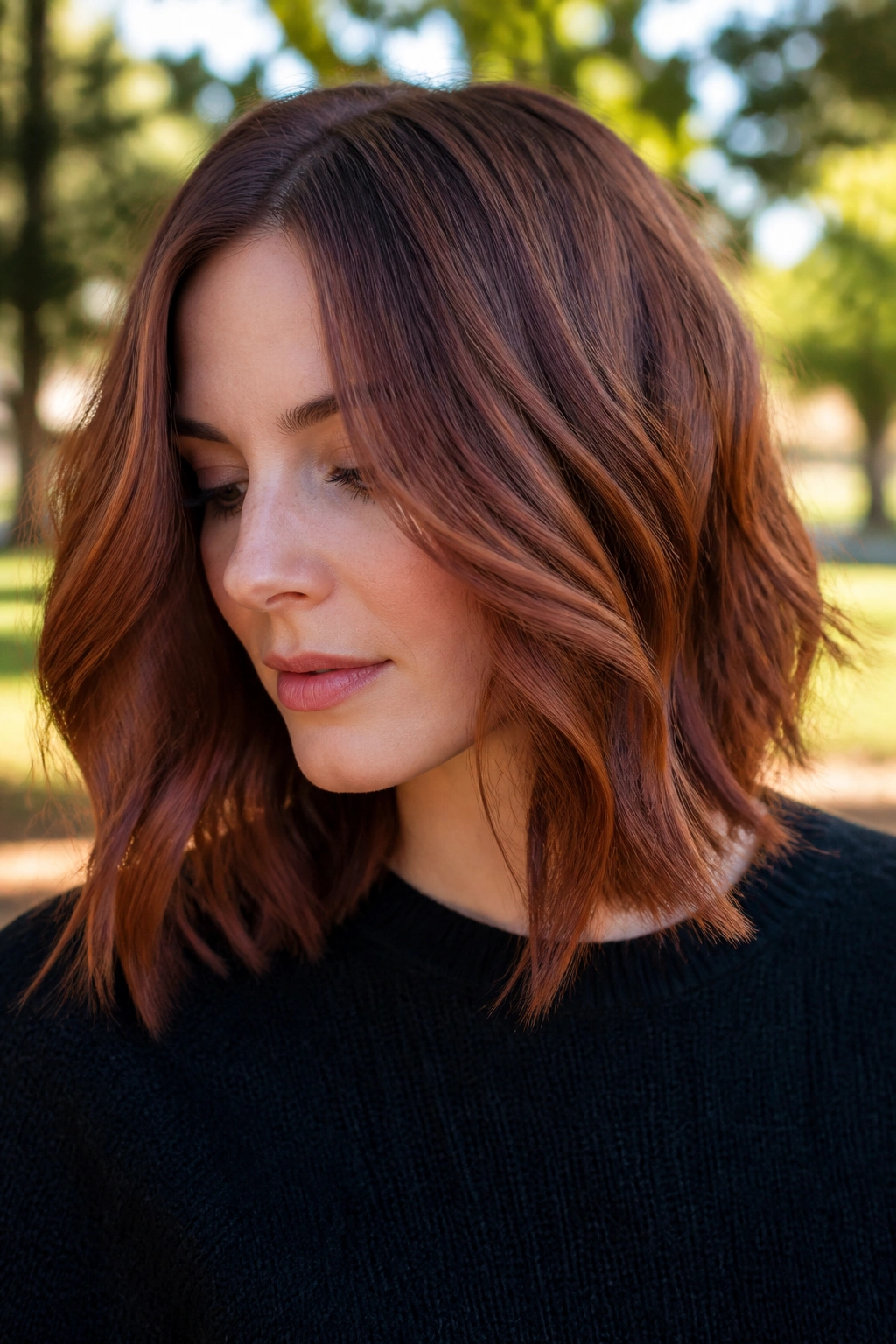 Close-up of a real woman with Smoky Auburn Copper Lob hair