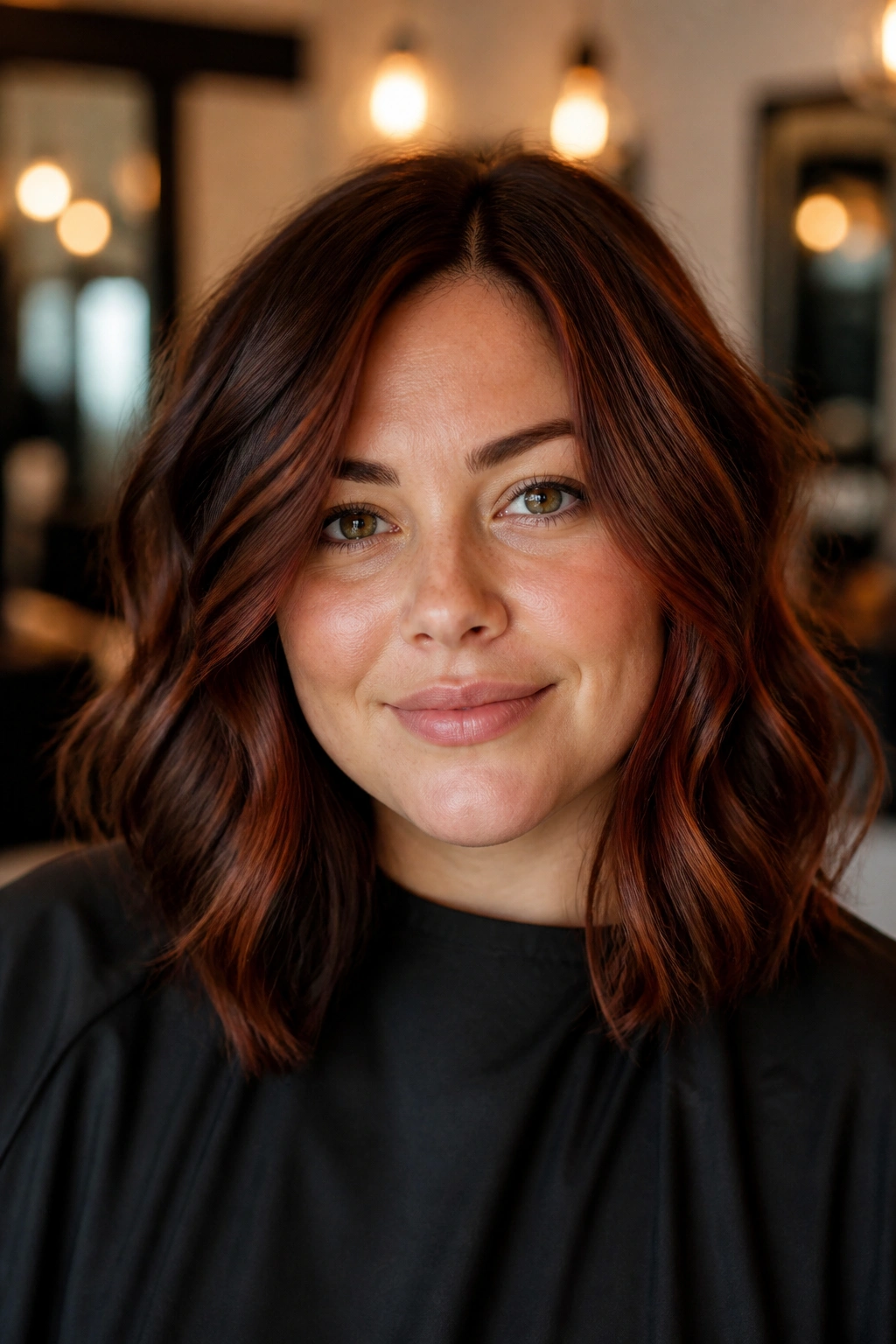Portrait of a real woman with smoky auburn espresso lowlights hair