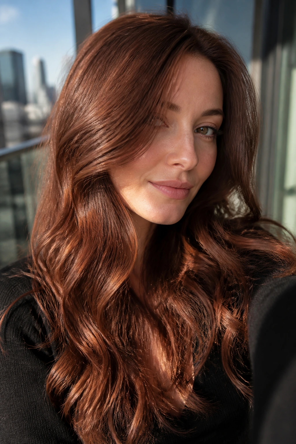 Close-up of a real woman with Smoky Auburn hair in sunlit setting.
