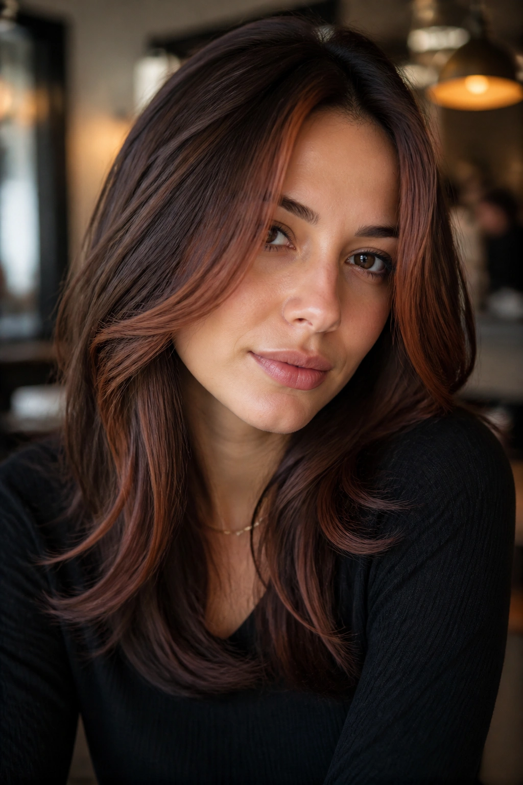Real woman with smoky auburn peekaboo frame in dark brown hair in a cafe setting