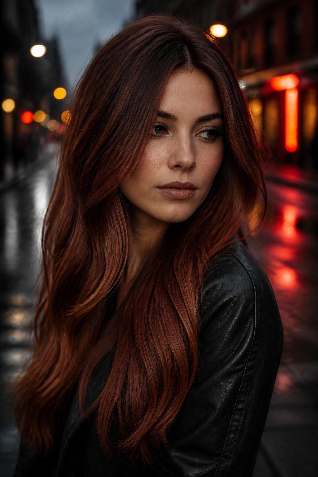 Close-up of long hair with smoky auburn and a deep shadow root.
