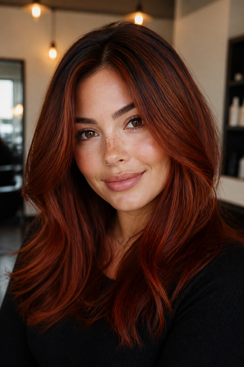 Close-up of a real woman with smoky auburn shadow root showing color depth at the crown