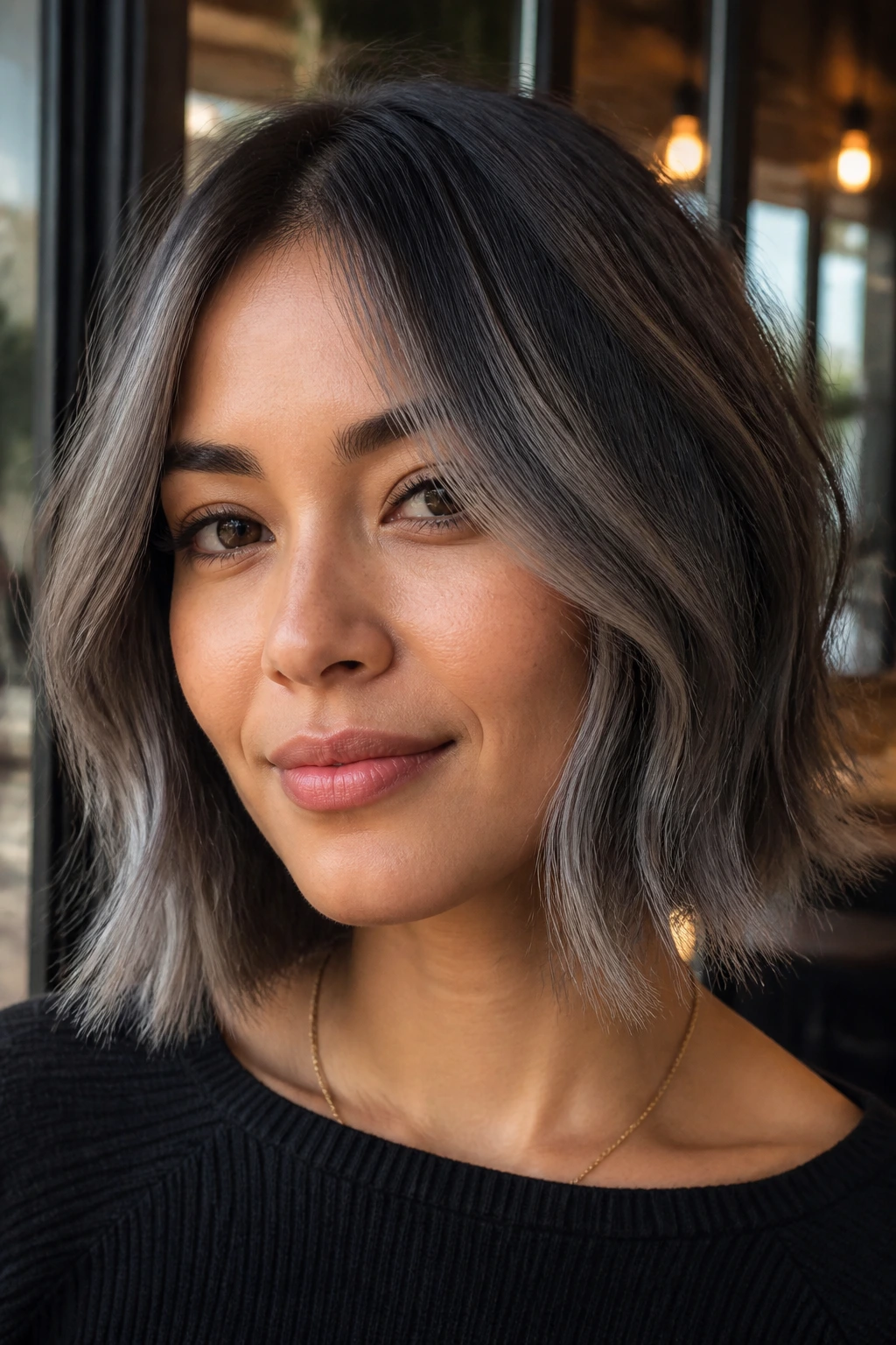 Close-up portrait of a real woman with a chin-length bob and smoky balayage piecey ends