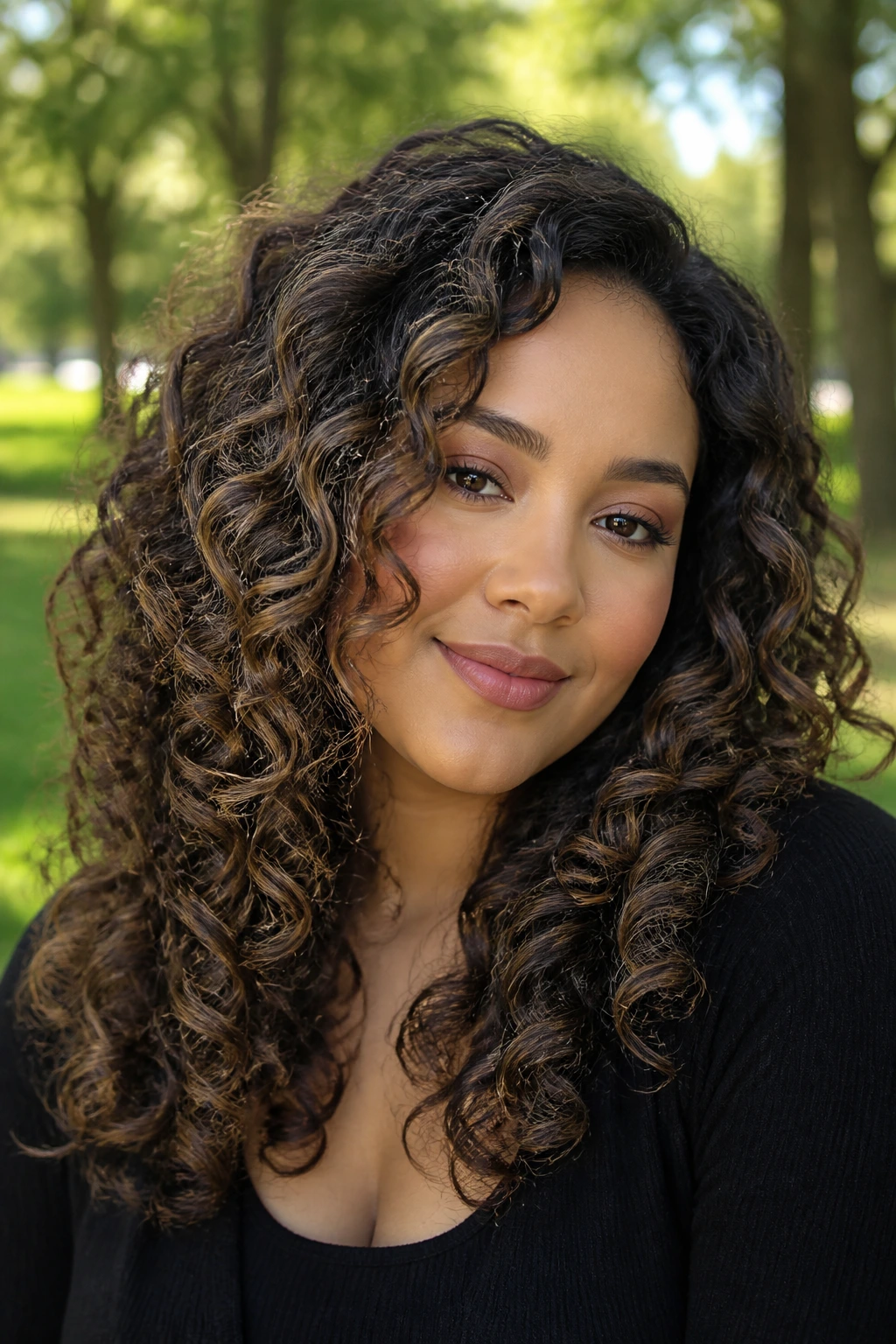 Close-up of curly hair with smoky brown balayage on curls