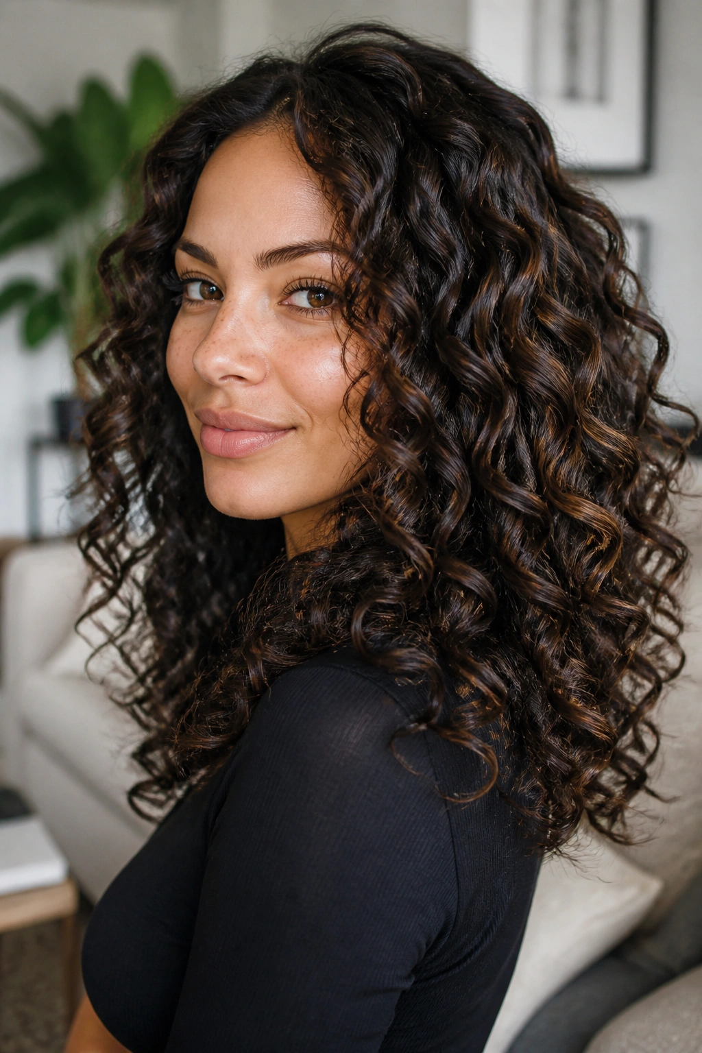 Close-up of curly brown hair with smoky black balayage incorporated into curls.