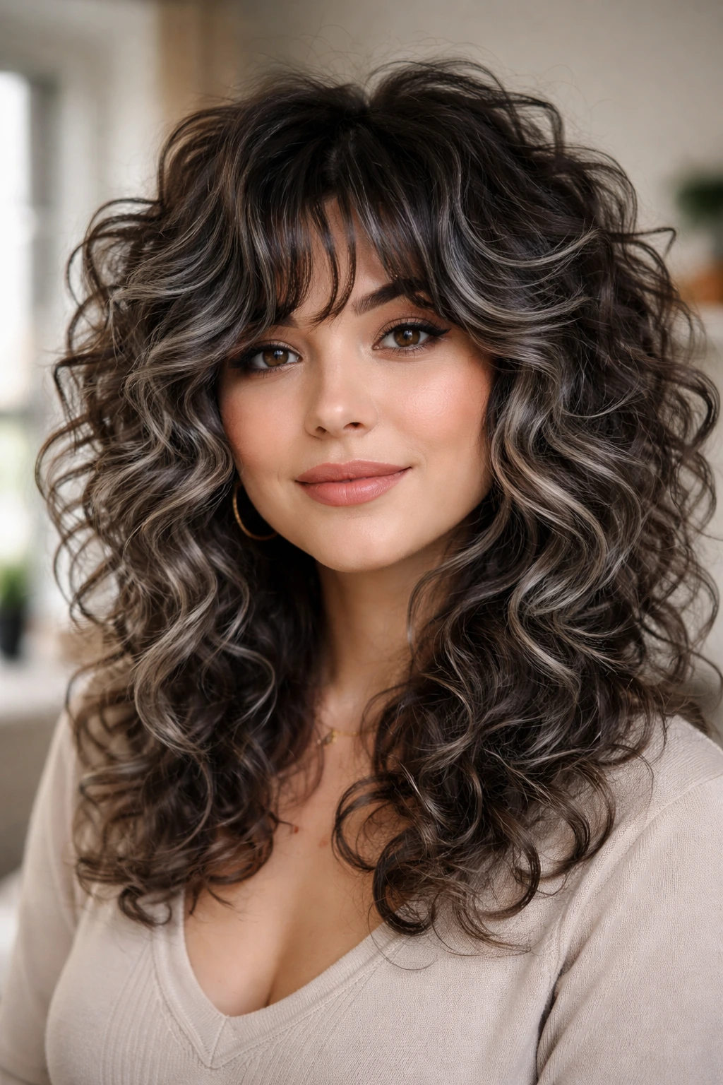 Close-up of a real woman with smoky grey balayage on a curly shag