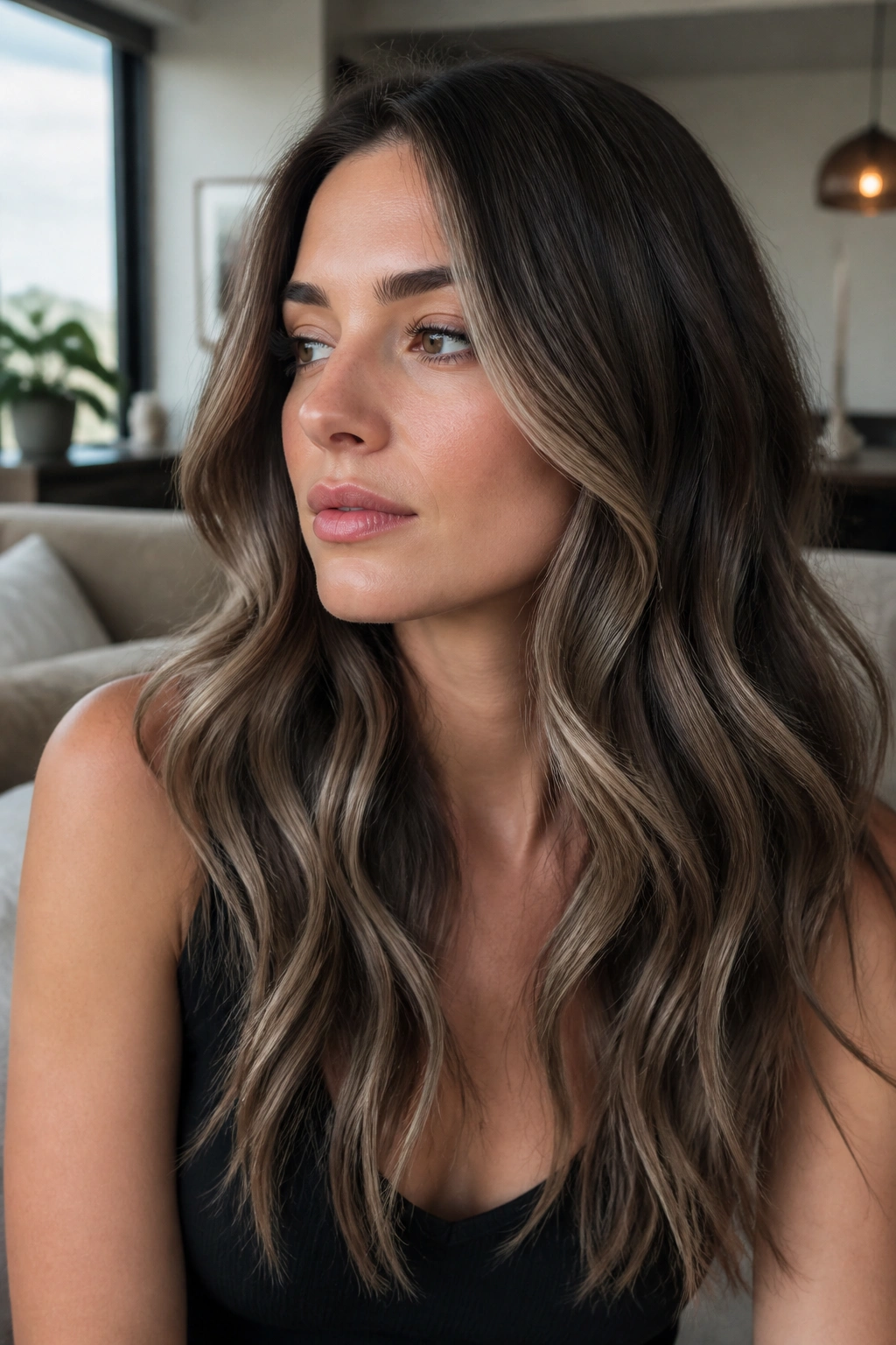 Portrait of a woman with smoky balayage on long waves in natural light.